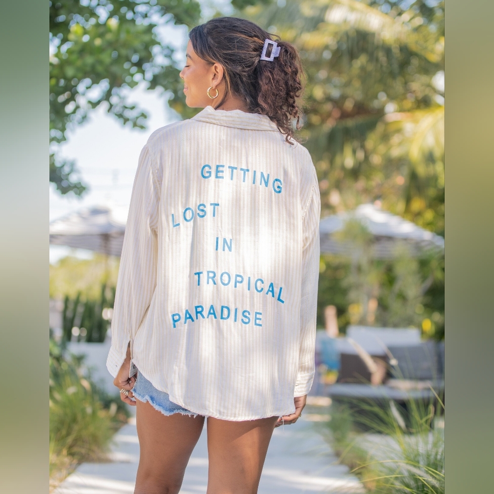 Vintage Havana Cream Button Down Shirt with Blue Text